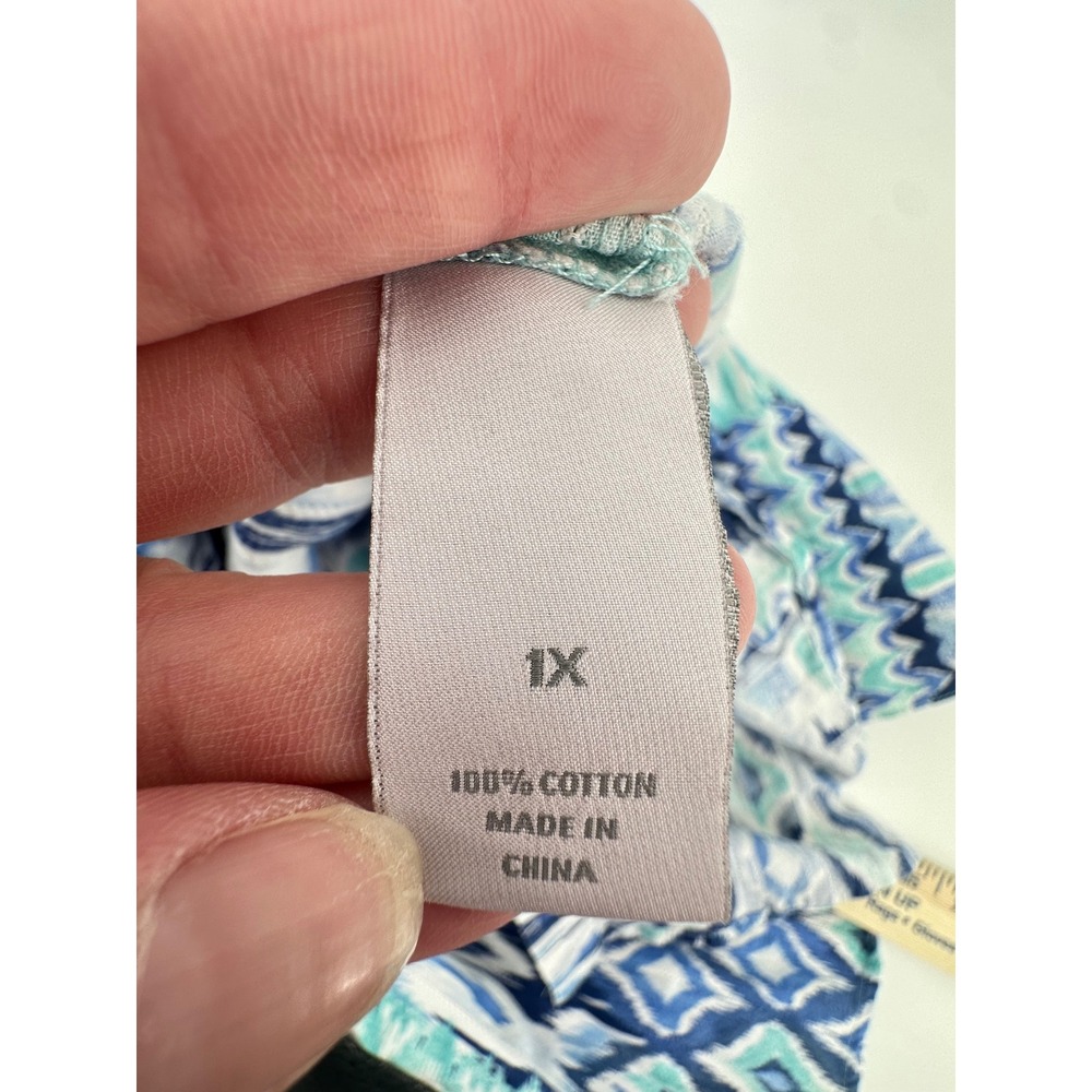 Allison Daley Plus 1X Blue Ikat Patchwork Cotton Button Front 3/4 Sleeve Blouse - Picture 6 of 11